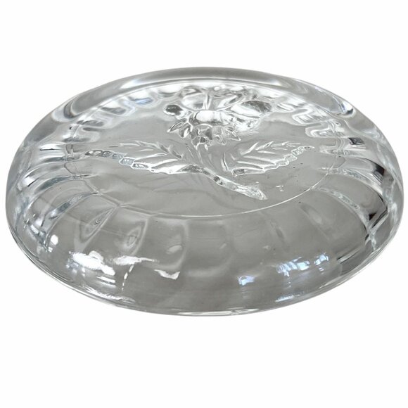 Vintage LB Italy Trinket Box Raised Rose Lid Pressed Clear Glass Vanity Jar EUC - Picture 9 of 11